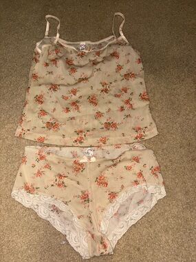 Vintage Y2K Lingerie Set Cami Booty Shorts Sheet Rose Small